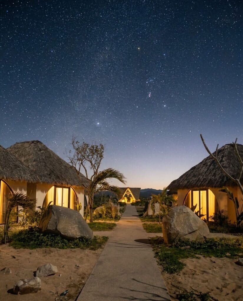 Cielo estrellado de noche sobre las villas del Parque Astrológico Mayto